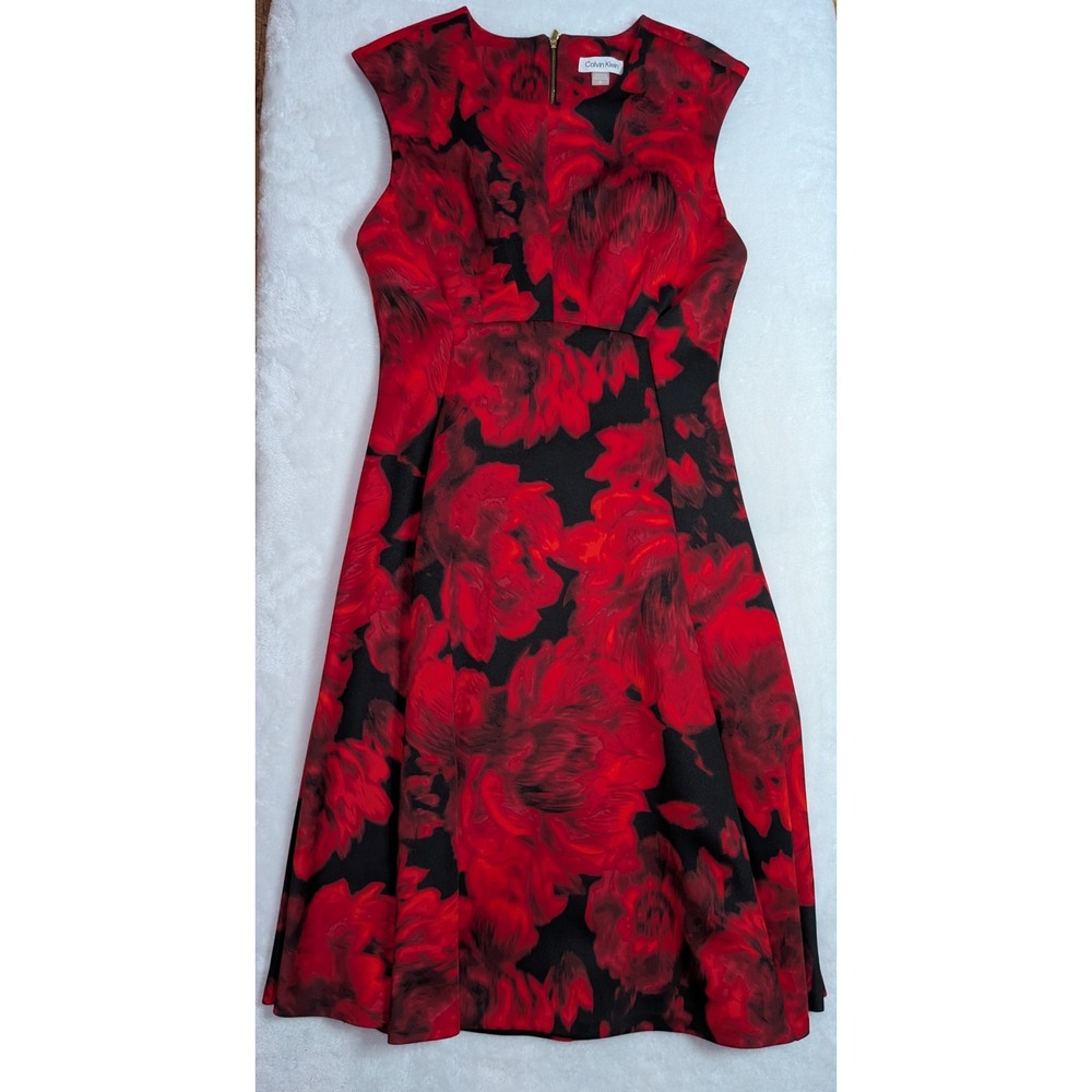 Calvin Klein Red Black Floral Sleeveless Fit Flare Midi Dress Size 10 Rose Print